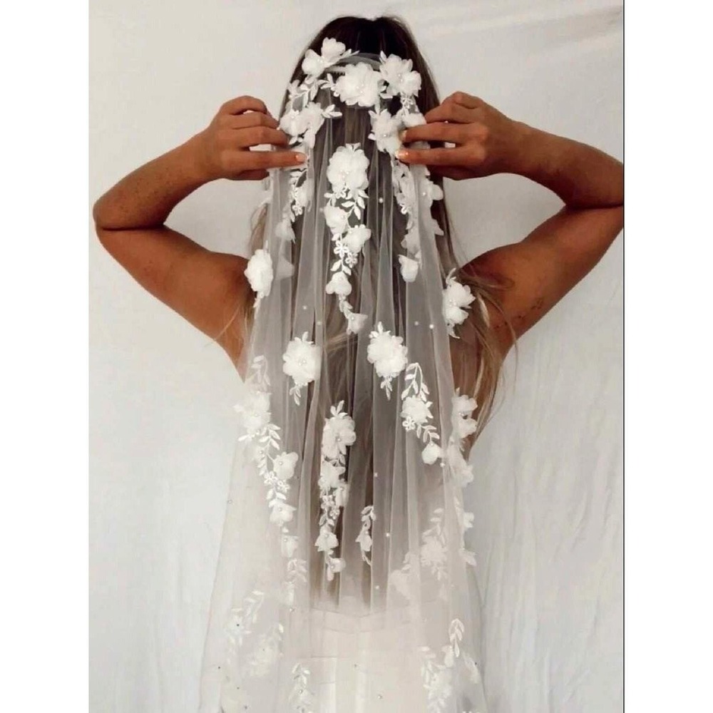 New Floral Pearl Lace Ivory Off-White Long Wedding Bridal Veil Floor Length